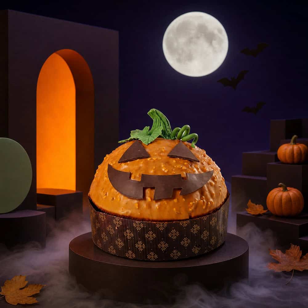 Panettone di Halloween Martesana con granella di nocciola e decorazioni a mano in cioccolato plastico.